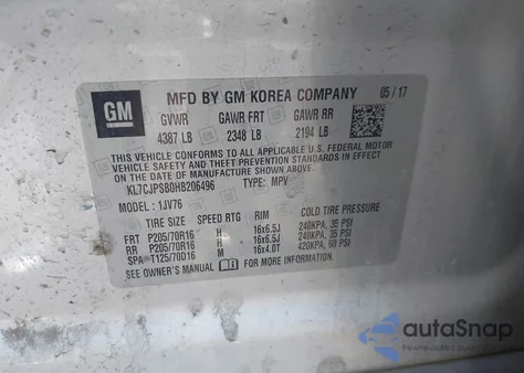 2017 Chevrolet Trax Lt из США, поврежденный, VIN KL7CJPSB0HB206496